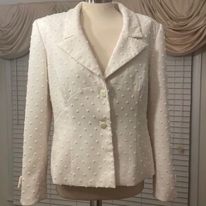 Vintage Liz Claiborne Suit Top, Size 12 White on White Furry Polka Dots & Bows